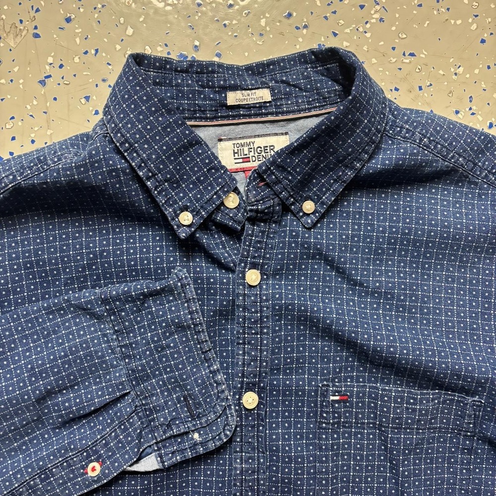 VTG Tommy Hilfiger Denim Long Sleeve Shirt Mens M Geometric Checkered Dots